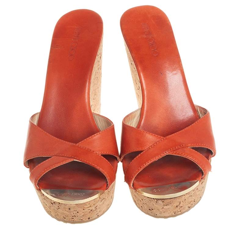 Pre Owned Jimmy Choo Orange Leather Perfume Cork Wedge Platform Sandals Size 39.5