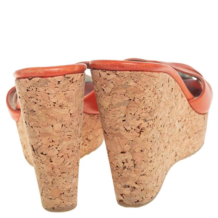 Pre Owned Jimmy Choo Orange Leather Perfume Cork Wedge Platform Sandals Size 39.5