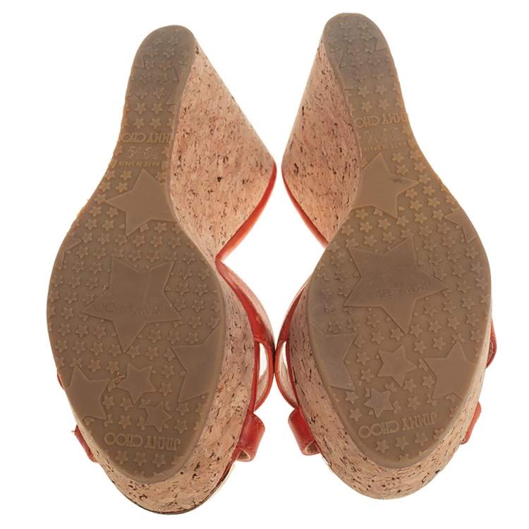 Pre Owned Jimmy Choo Orange Leather Perfume Cork Wedge Platform Sandals Size 39.5