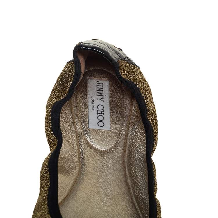 مملوكة مسبقًا Jimmy Choo Metallic Gold Lamè and Black Patent Leather Winnie Cap Toe Scrunch Ballet Flats Size 41