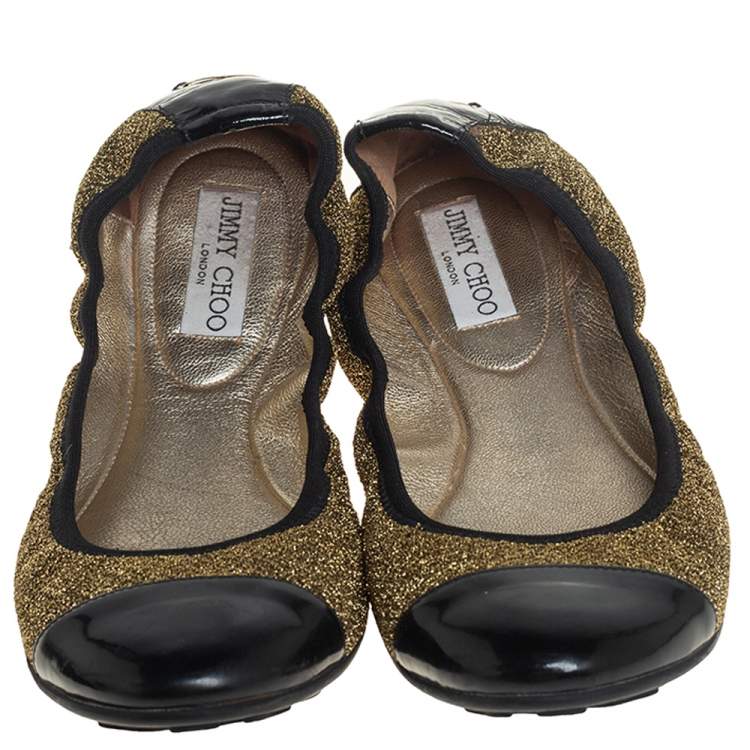 مملوكة مسبقًا Jimmy Choo Metallic Gold Lamè and Black Patent Leather Winnie Cap Toe Scrunch Ballet Flats Size 41