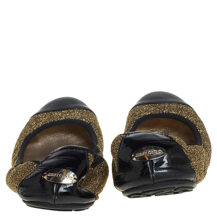 مملوكة مسبقًا Jimmy Choo Metallic Gold Lamè and Black Patent Leather Winnie Cap Toe Scrunch Ballet Flats Size 41