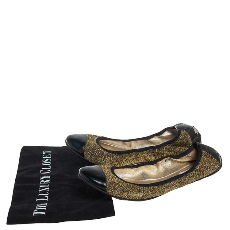 مملوكة مسبقًا Jimmy Choo Metallic Gold Lamè and Black Patent Leather Winnie Cap Toe Scrunch Ballet Flats Size 41