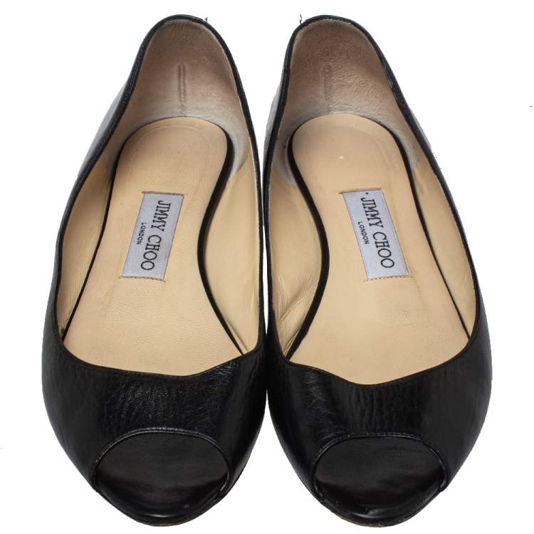 Pre Owned Jimmy Choo Black Leather Peep Toe Flats Size 39.5