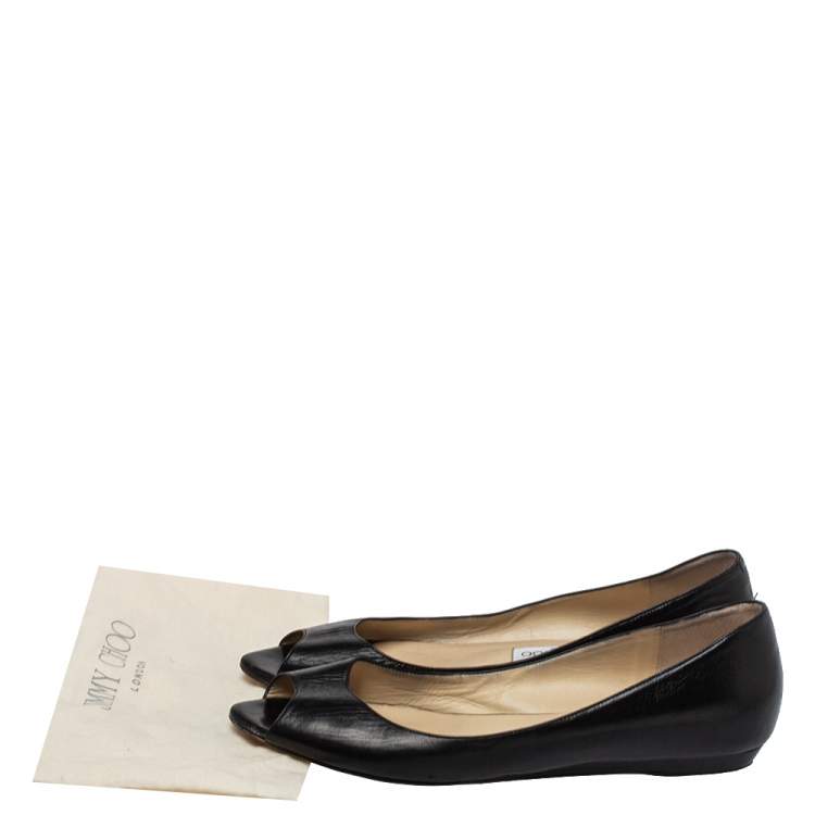 Pre Owned Jimmy Choo Black Leather Peep Toe Flats Size 39.5