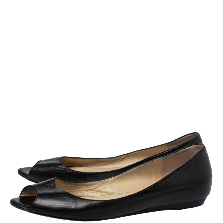 Pre Owned Jimmy Choo Black Leather Peep Toe Flats Size 39.5
