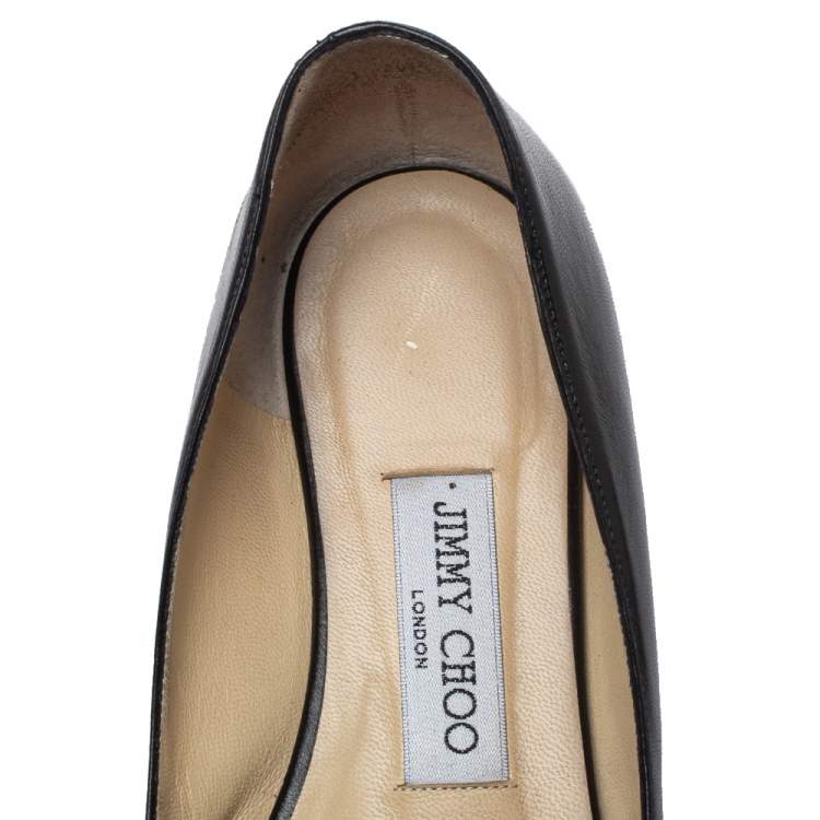 Pre Owned Jimmy Choo Black Leather Peep Toe Flats Size 39.5