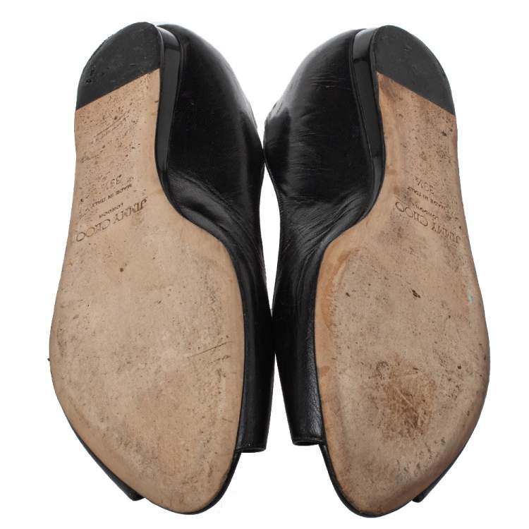Pre Owned Jimmy Choo Black Leather Peep Toe Flats Size 39.5
