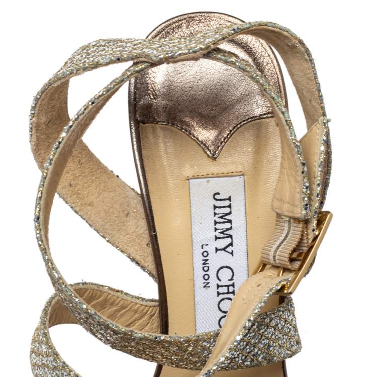 Pre Owned Jimmy Choo Metallic Gold Glitter Strappy Platform Sandals Size 38