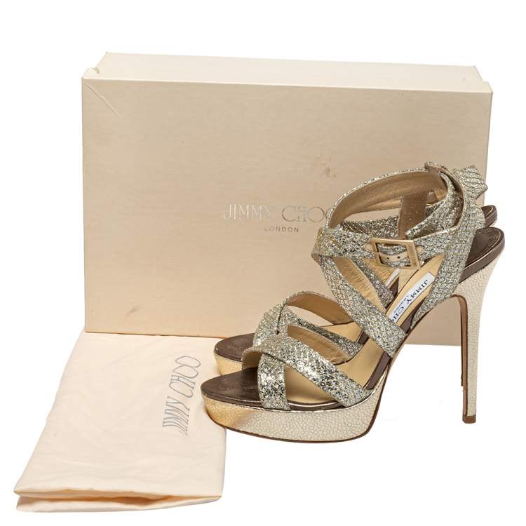 Pre Owned Jimmy Choo Metallic Gold Glitter Strappy Platform Sandals Size 38