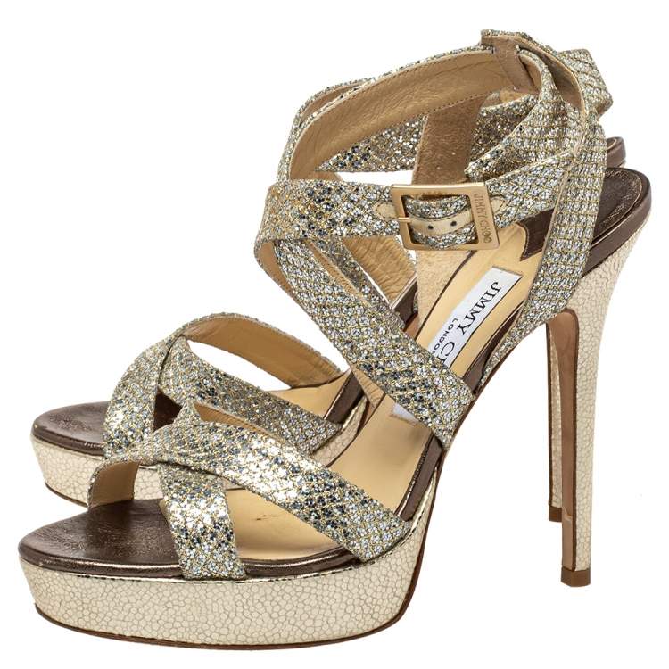 Pre Owned Jimmy Choo Metallic Gold Glitter Strappy Platform Sandals Size 38