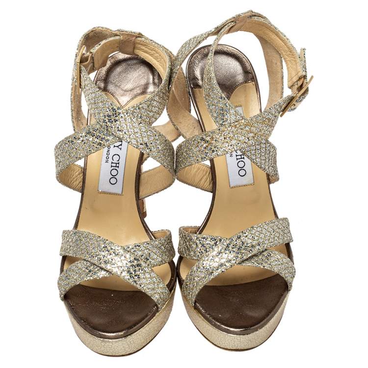 Pre Owned Jimmy Choo Metallic Gold Glitter Strappy Platform Sandals Size 38
