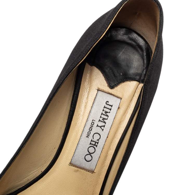Pre Owned Jimmy Choo Black Satin Logo Embellished Peep Toe Pumps Size 39