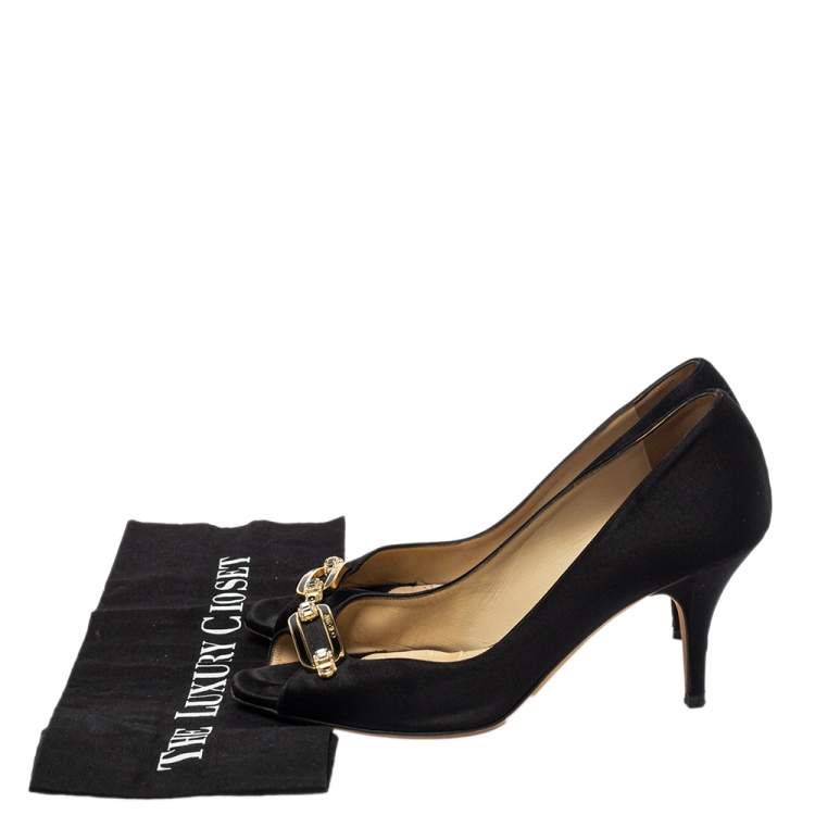 Pre Owned Jimmy Choo Black Satin Logo Embellished Peep Toe Pumps Size 39