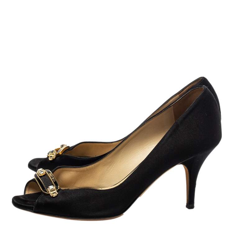 Pre Owned Jimmy Choo Black Satin Logo Embellished Peep Toe Pumps Size 39