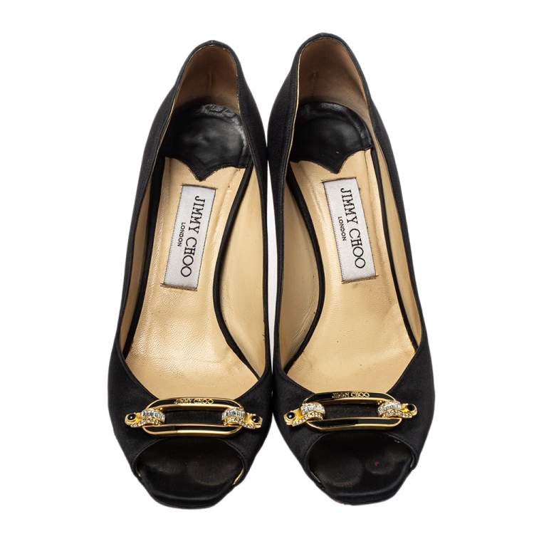 Pre Owned Jimmy Choo Black Satin Logo Embellished Peep Toe Pumps Size 39