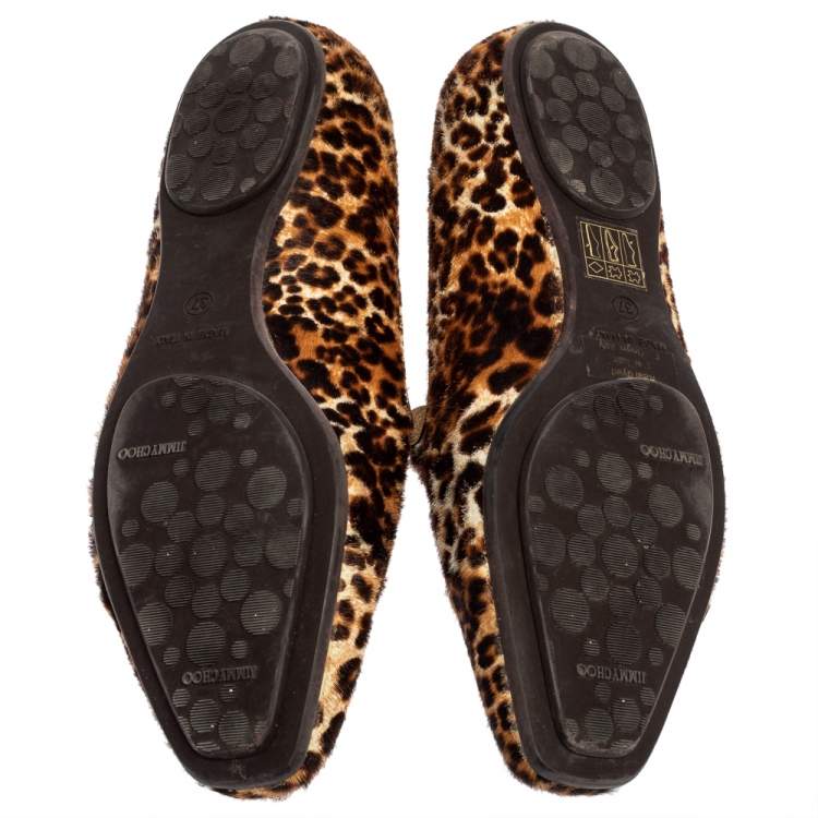 Pre Owned Jimmy Choo Brown Leopard Pony Hair Wheel Smoking Slippers Size 37