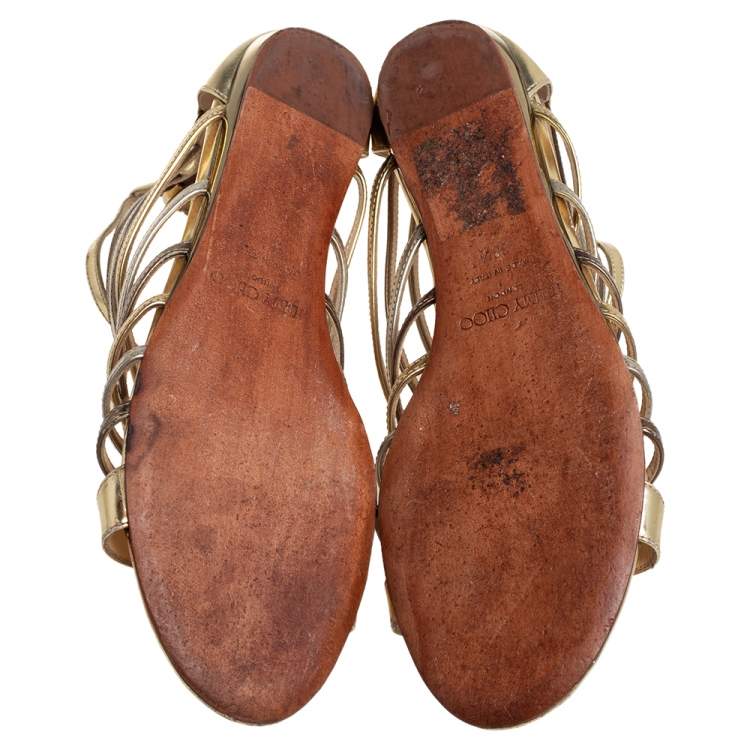 Pre Owned Jimmy Choo Metallic Gold/Silver Leather Gladiator Flat Sandals Size 38.5