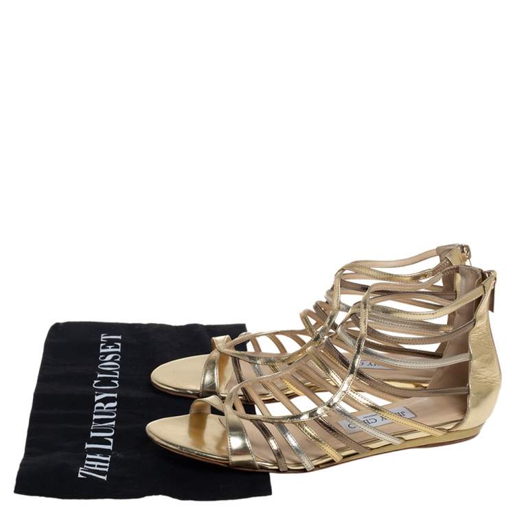 Pre Owned Jimmy Choo Metallic Gold/Silver Leather Gladiator Flat Sandals Size 38.5