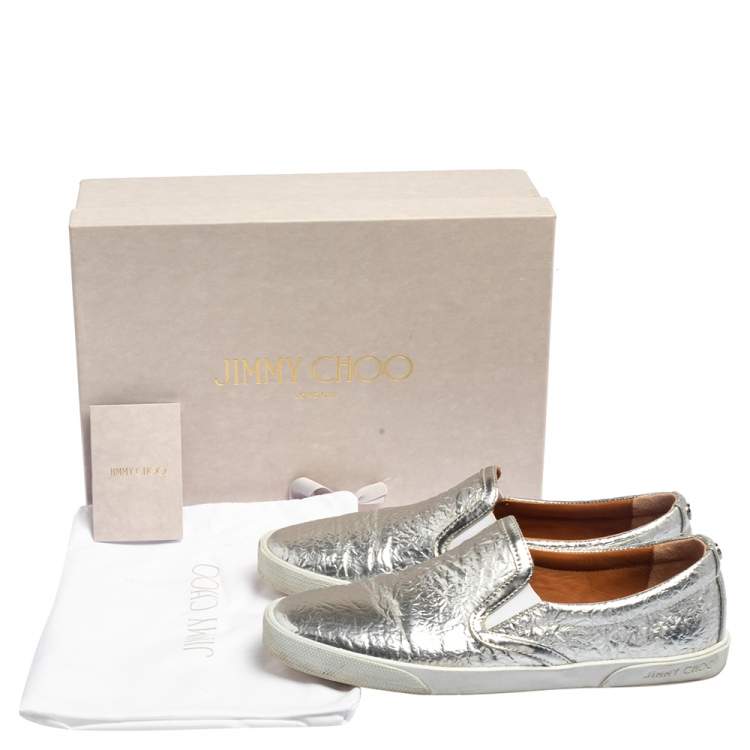 مملوكة مسبقًا Jimmy Choo Silver Leather Slip on Sneakers Size 37
