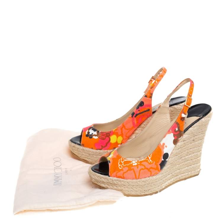 Pre Owned Jimmy Choo Multicolor Canvas Espadrille Wedge Slingback Sandals Size 38