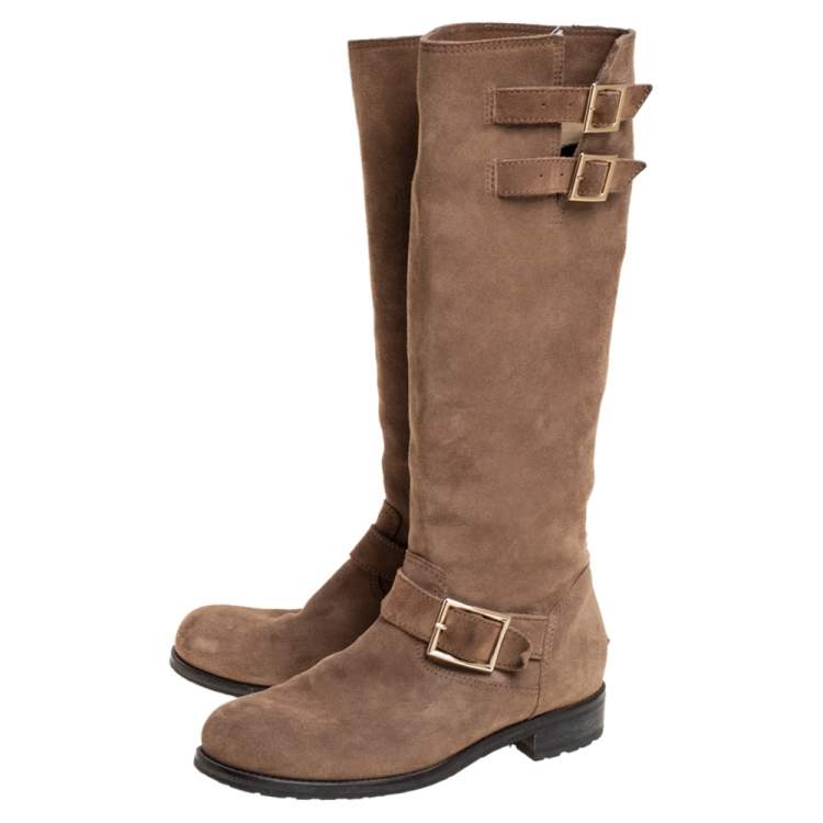 Pre Owned Jimmy Choo Brown Suede Biker Buckle Detail Mid Calf Boots Size 39.5