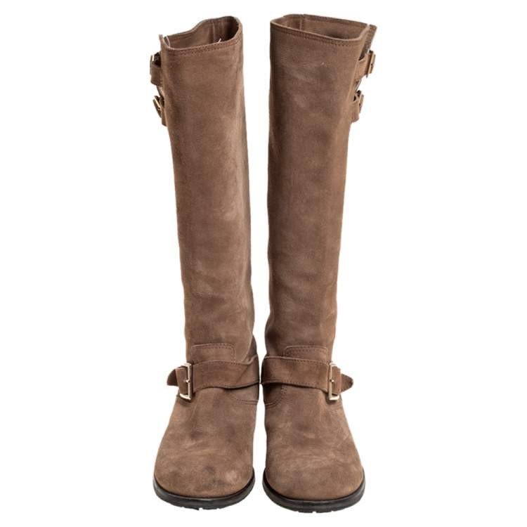 Pre Owned Jimmy Choo Brown Suede Biker Buckle Detail Mid Calf Boots Size 39.5