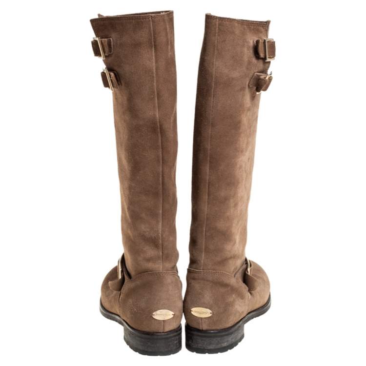 Pre Owned Jimmy Choo Brown Suede Biker Buckle Detail Mid Calf Boots Size 39.5