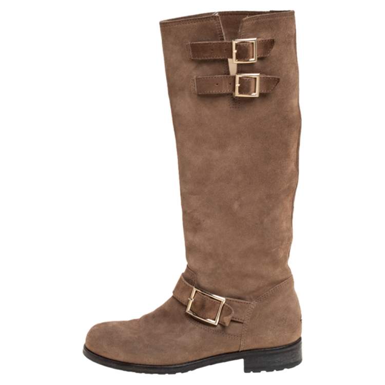 Pre Owned Jimmy Choo Brown Suede Biker Buckle Detail Mid Calf Boots Size 39.5