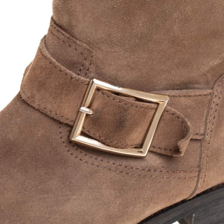Pre Owned Jimmy Choo Brown Suede Biker Buckle Detail Mid Calf Boots Size 39.5