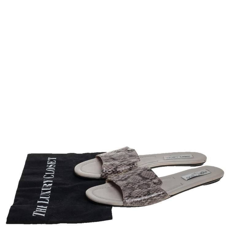 Pre Owned Jimmy Choo Grey/Black Python Embossed Leather Nanda Flat Slides Size 40