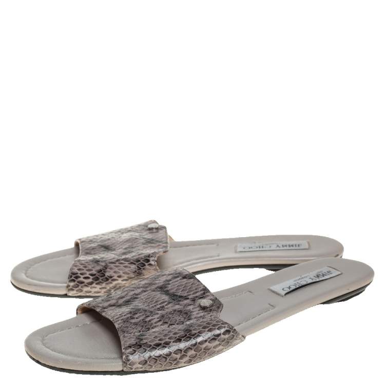 Pre Owned Jimmy Choo Grey/Black Python Embossed Leather Nanda Flat Slides Size 40