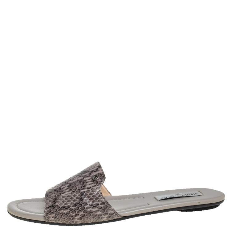Pre Owned Jimmy Choo Grey/Black Python Embossed Leather Nanda Flat Slides Size 40