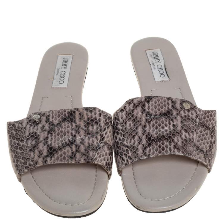 Pre Owned Jimmy Choo Grey/Black Python Embossed Leather Nanda Flat Slides Size 40