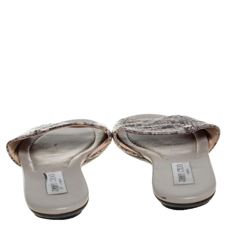 Pre Owned Jimmy Choo Grey/Black Python Embossed Leather Nanda Flat Slides Size 40