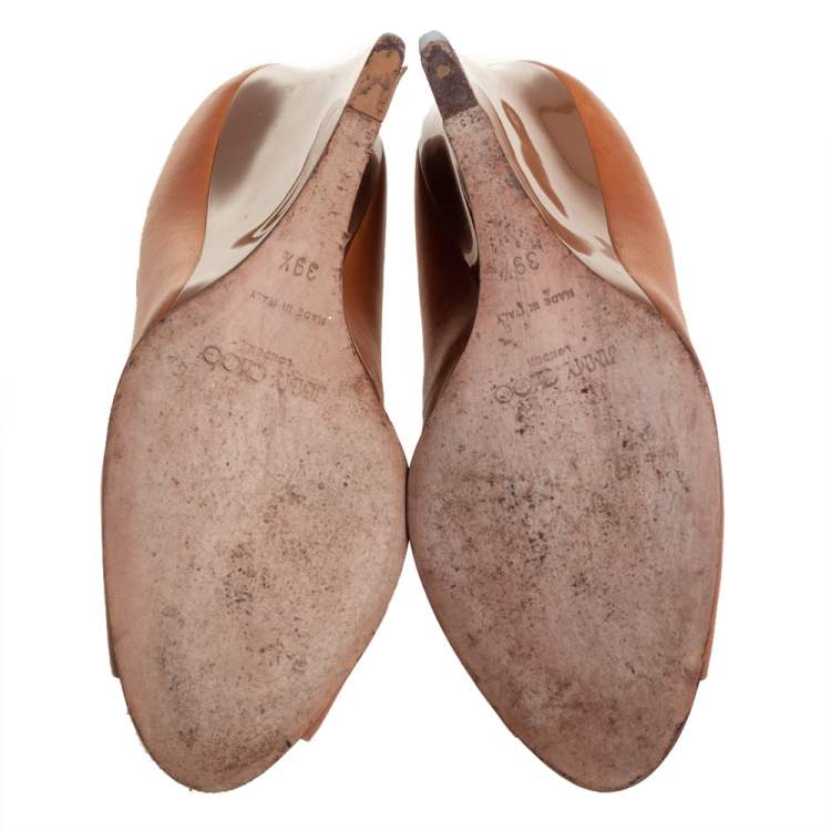 Pre Owned Jimmy Choo Tan Leather Wedge Peep Toe Pumps Size 39.5