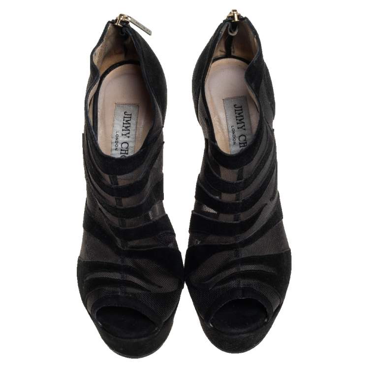 Pre Owned Jimmy Choo Black Suede And Net  Kerfield Peep Toe Platform Booties Size 37