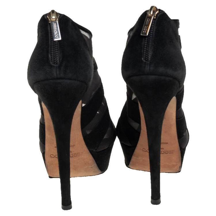 Pre Owned Jimmy Choo Black Suede And Net  Kerfield Peep Toe Platform Booties Size 37