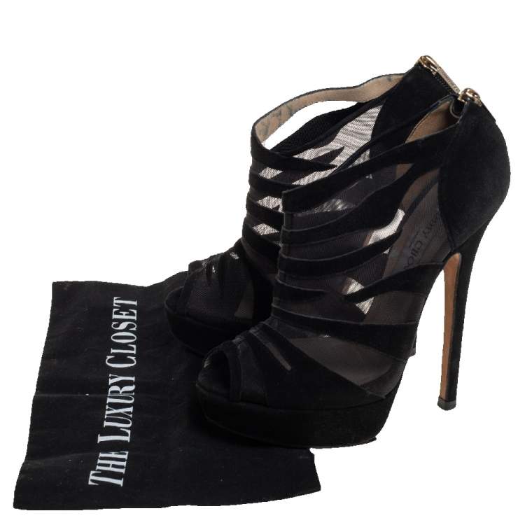Pre Owned Jimmy Choo Black Suede And Net  Kerfield Peep Toe Platform Booties Size 37