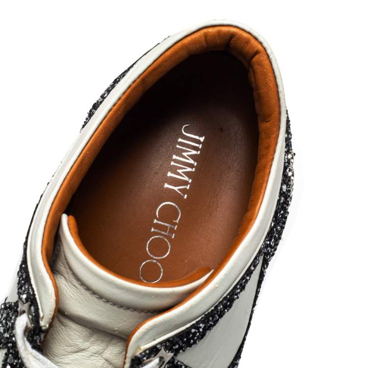 Pre Owned Jimmy Choo White Leather And Glitter Lace Up London Sneakers Size 40