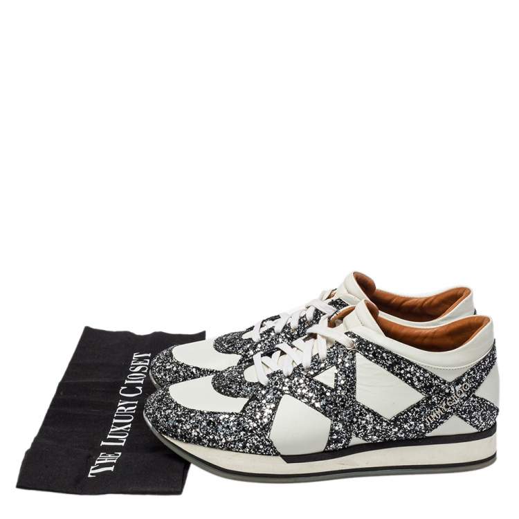 Pre Owned Jimmy Choo White Leather And Glitter Lace Up London Sneakers Size 40