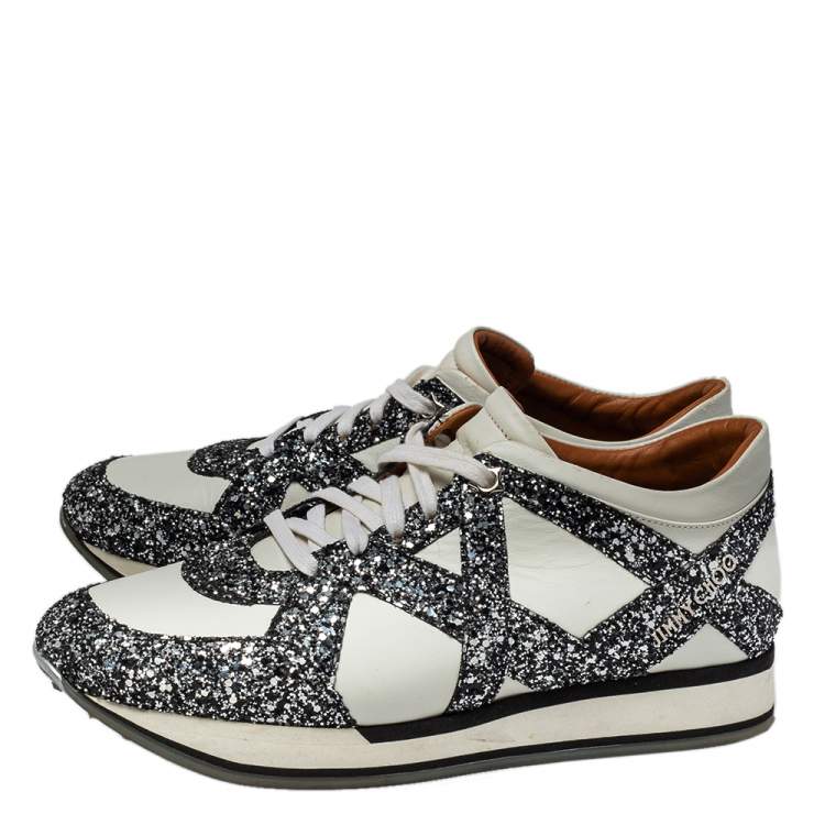 Pre Owned Jimmy Choo White Leather And Glitter Lace Up London Sneakers Size 40