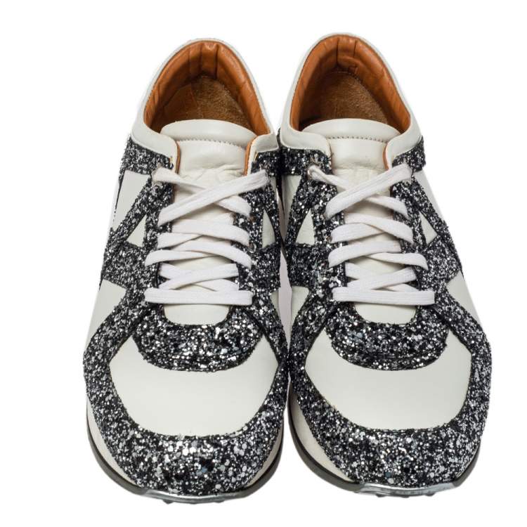 Pre Owned Jimmy Choo White Leather And Glitter Lace Up London Sneakers Size 40