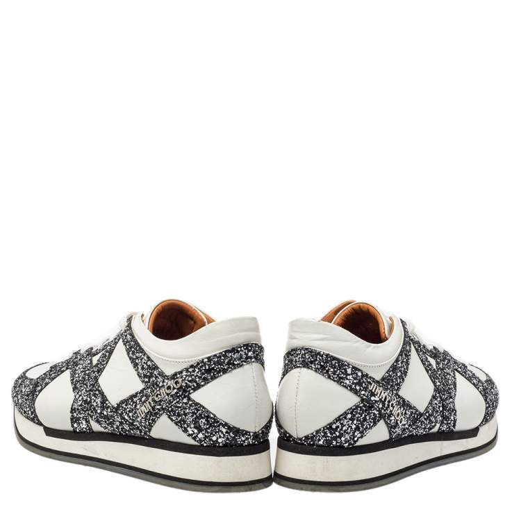 Pre Owned Jimmy Choo White Leather And Glitter Lace Up London Sneakers Size 40