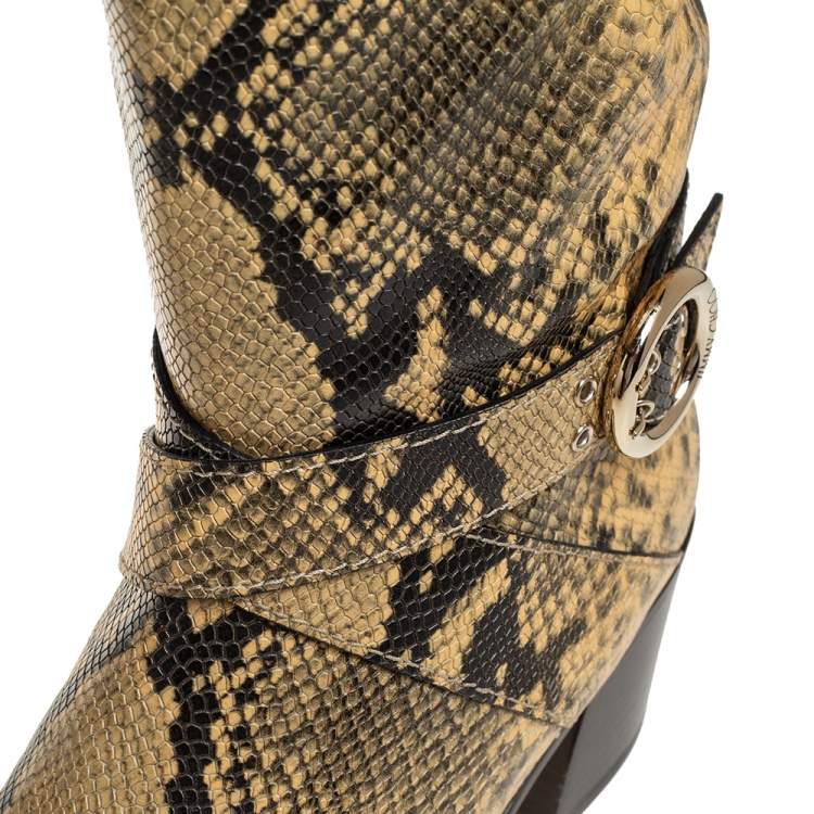Pre Owned Jimmy Choo Yellow/Black Snake Print Leather Beca Over The Knee Boots Size 38