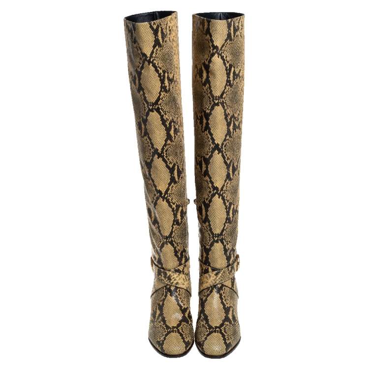 Pre Owned Jimmy Choo Yellow/Black Snake Print Leather Beca Over The Knee Boots Size 38