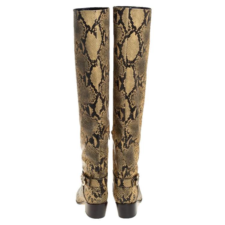Pre Owned Jimmy Choo Yellow/Black Snake Print Leather Beca Over The Knee Boots Size 38