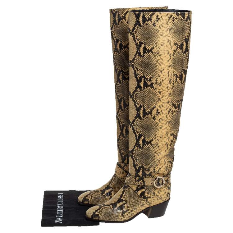 Pre Owned Jimmy Choo Yellow/Black Snake Print Leather Beca Over The Knee Boots Size 38