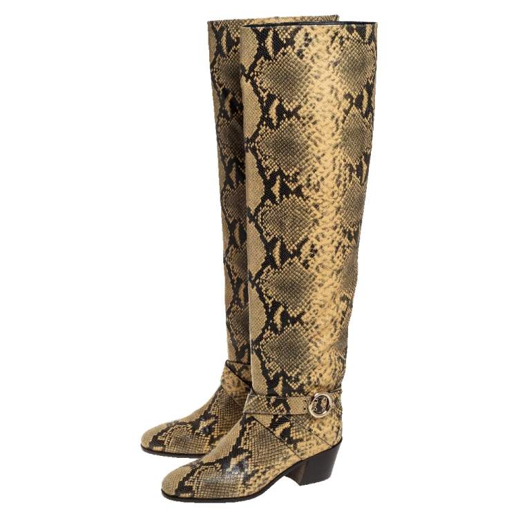 Pre Owned Jimmy Choo Yellow/Black Snake Print Leather Beca Over The Knee Boots Size 38