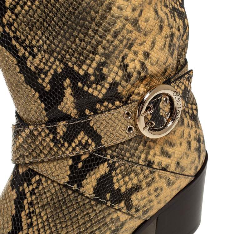 Pre Owned Jimmy Choo Yellow/Black Snake Print Leather Beca Over The Knee Boots Size 38